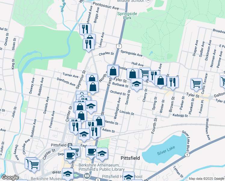 map of restaurants, bars, coffee shops, grocery stores, and more near 53 Orchard Street in Pittsfield