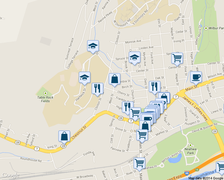map of restaurants, bars, coffee shops, grocery stores, and more near 9 Saint James Place in Oneonta