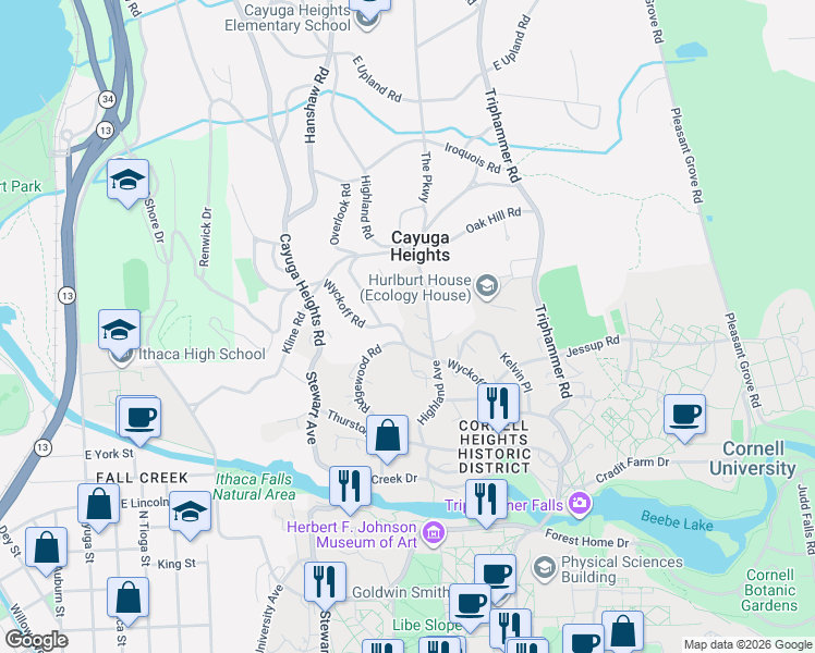 map of restaurants, bars, coffee shops, grocery stores, and more near 312 Highland Road in Ithaca