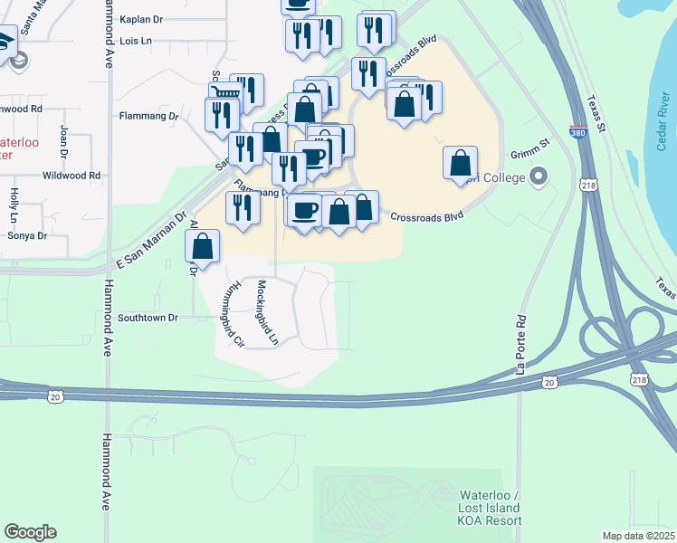 map of restaurants, bars, coffee shops, grocery stores, and more near 4005 Mourning Dove Drive in Waterloo