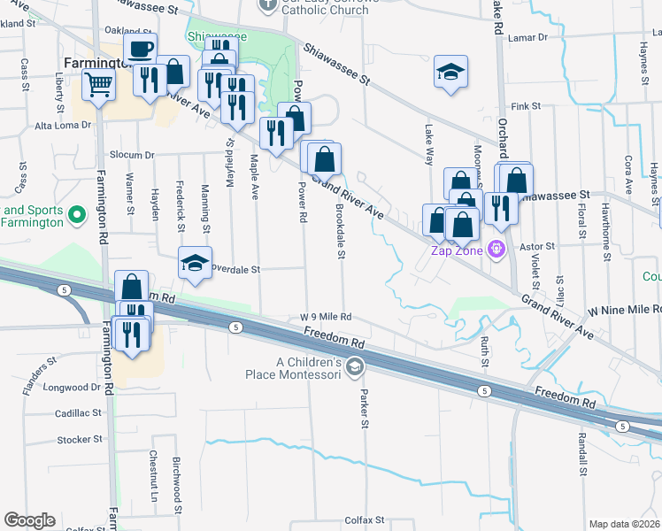 map of restaurants, bars, coffee shops, grocery stores, and more near 22631 Brookdale Street in Farmington