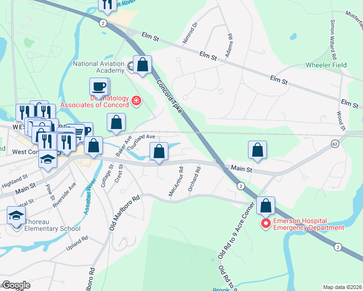 map of restaurants, bars, coffee shops, grocery stores, and more near 7 Concord Greene in Concord