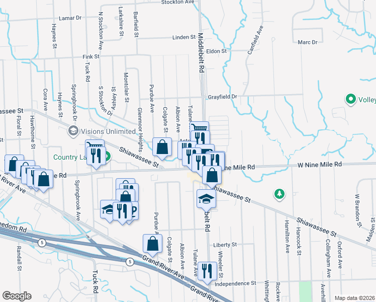 map of restaurants, bars, coffee shops, grocery stores, and more near 22571 Tulane Avenue in Farmington Hills