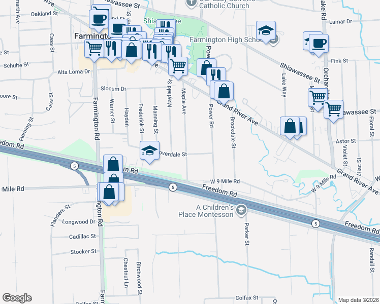 map of restaurants, bars, coffee shops, grocery stores, and more near 22674 Maple Avenue in Farmington