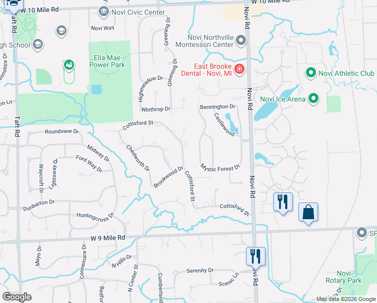 map of restaurants, bars, coffee shops, grocery stores, and more near 44060 Cottisford Street in Northville