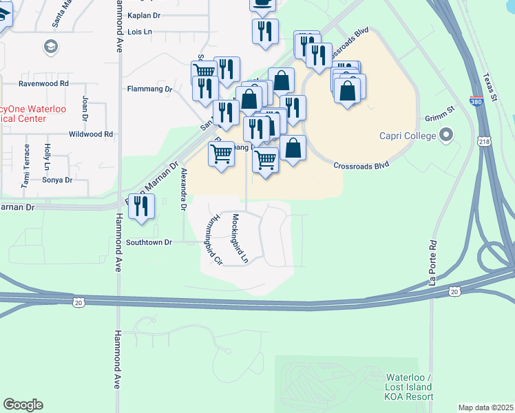 map of restaurants, bars, coffee shops, grocery stores, and more near 4006 Mourning Dove Drive in Waterloo