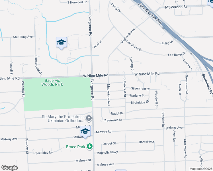 map of restaurants, bars, coffee shops, grocery stores, and more near 19780 Mahon Street in Southfield