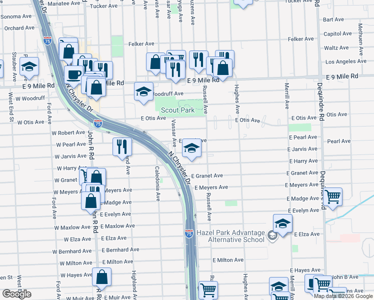 map of restaurants, bars, coffee shops, grocery stores, and more near 953 East Jarvis Avenue in Hazel Park