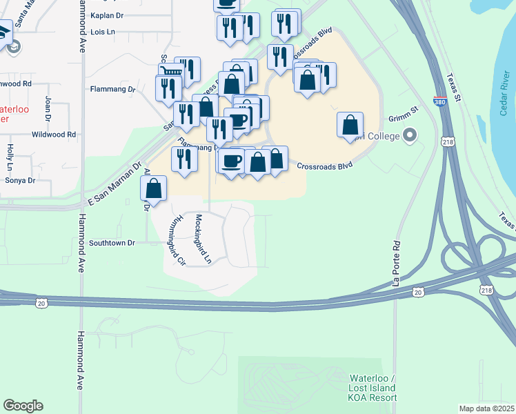 map of restaurants, bars, coffee shops, grocery stores, and more near 4005 Mourning Dove Drive in Waterloo