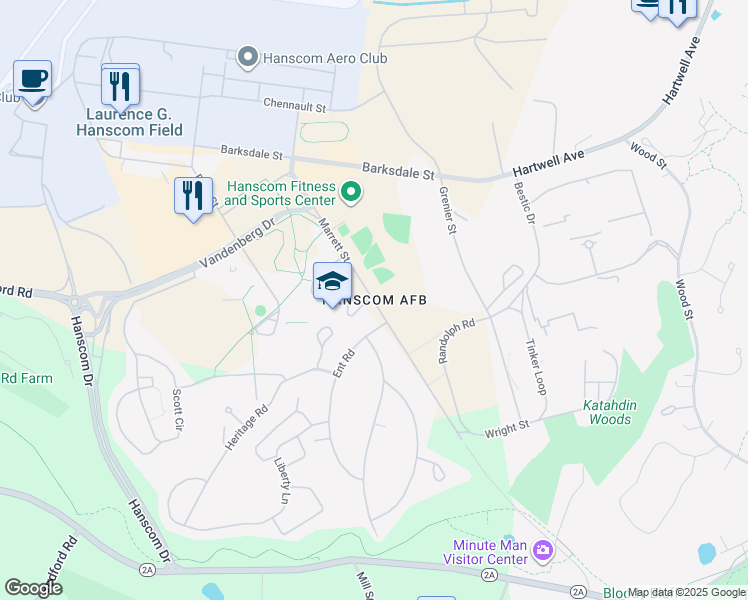 map of restaurants, bars, coffee shops, grocery stores, and more near in Hanscom Air Force Base