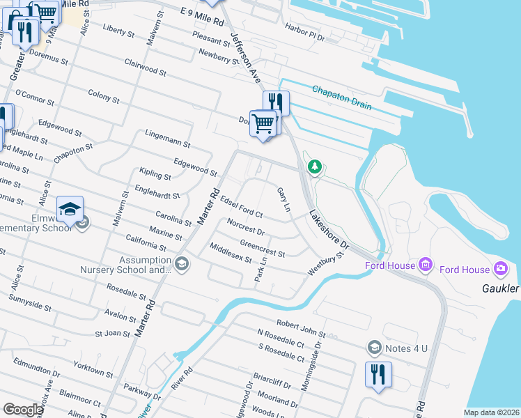 map of restaurants, bars, coffee shops, grocery stores, and more near 23219 Edsel Ford Court in St. Clair Shores