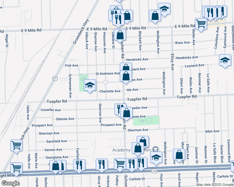 map of restaurants, bars, coffee shops, grocery stores, and more near 13490 Charlotte Avenue in Warren