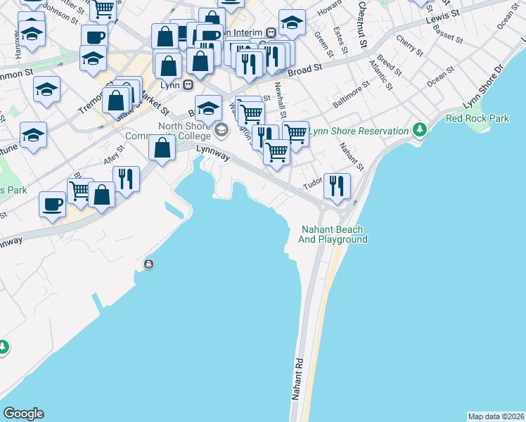 map of restaurants, bars, coffee shops, grocery stores, and more near 84-86 Lynnway in Lynn