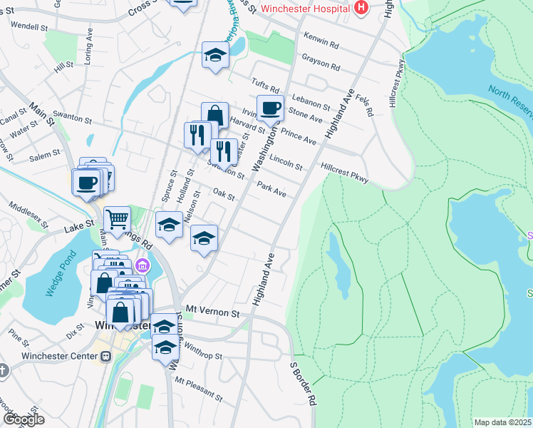 map of restaurants, bars, coffee shops, grocery stores, and more near 18-20 Hancock Street in Winchester