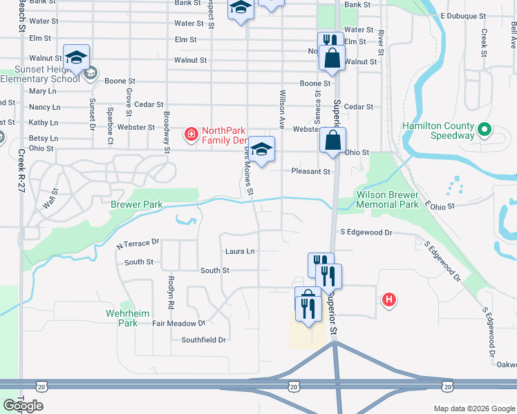 map of restaurants, bars, coffee shops, grocery stores, and more near 1906 Des Moines Street in Webster City