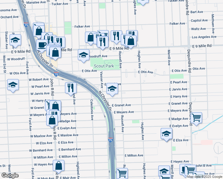 map of restaurants, bars, coffee shops, grocery stores, and more near 936 East Pearl Avenue in Hazel Park