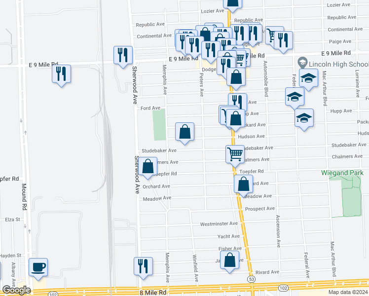 map of restaurants, bars, coffee shops, grocery stores, and more near 7203 Studebaker Avenue in Warren