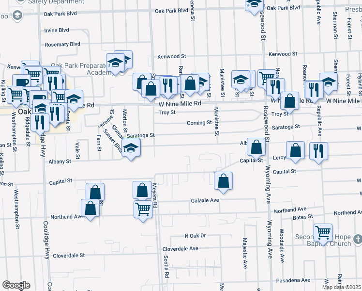 map of restaurants, bars, coffee shops, grocery stores, and more near 10630 Albany Street in Oak Park
