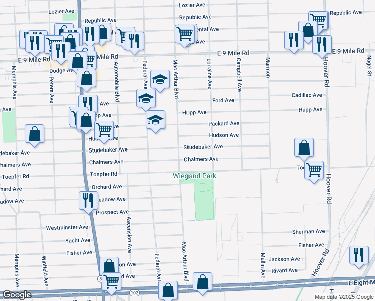 map of restaurants, bars, coffee shops, grocery stores, and more near 8638 Studebaker Avenue in Warren