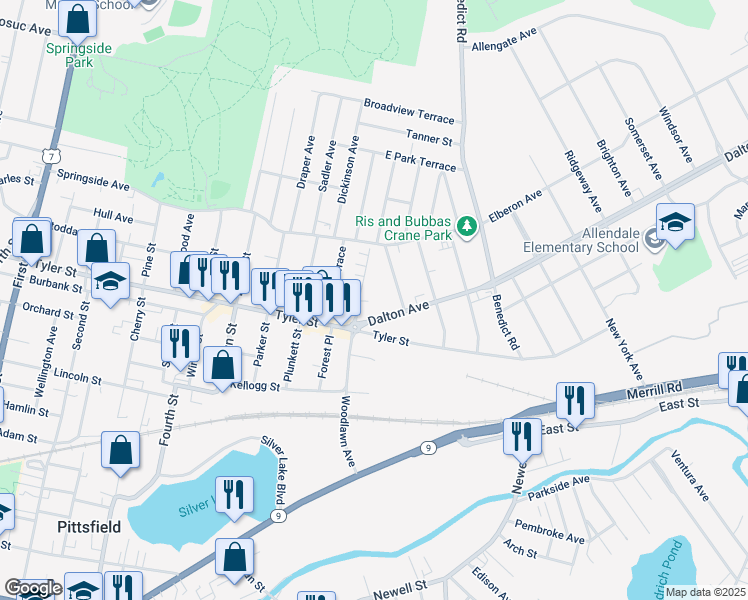 map of restaurants, bars, coffee shops, grocery stores, and more near 176 Woodlawn Avenue in Pittsfield