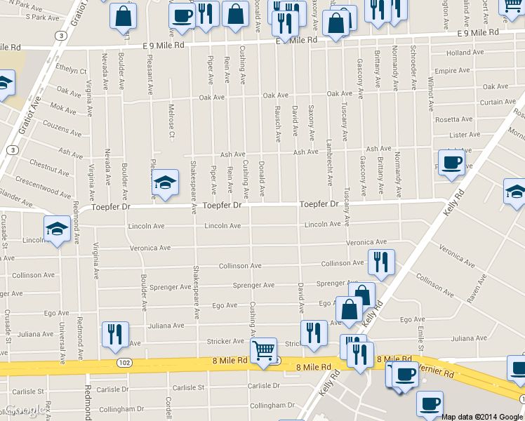 map of restaurants, bars, coffee shops, grocery stores, and more near 17036 Toepfer Drive in Eastpointe
