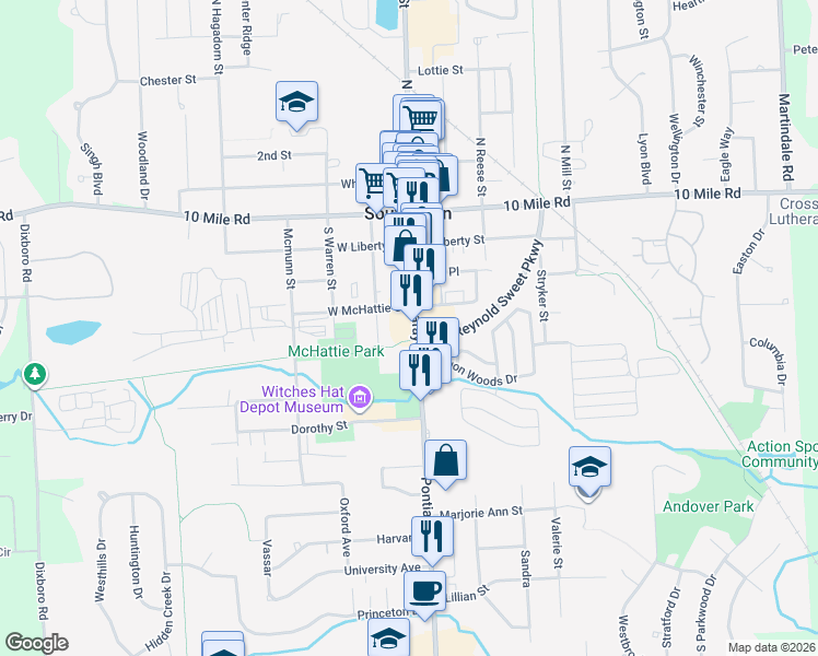 map of restaurants, bars, coffee shops, grocery stores, and more near 440 S Lafayette St in South Lyon