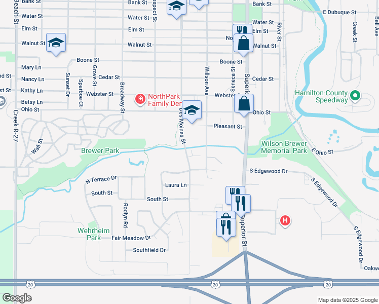 map of restaurants, bars, coffee shops, grocery stores, and more near 1906 Des Moines Street in Webster City