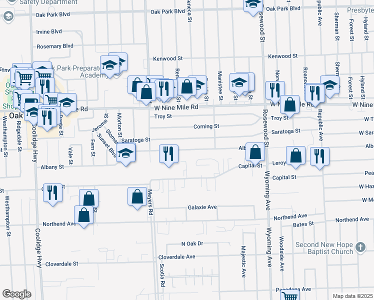 map of restaurants, bars, coffee shops, grocery stores, and more near 10630 Albany Street in Oak Park