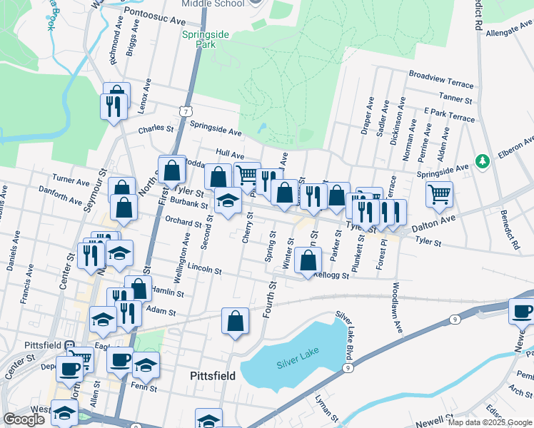 map of restaurants, bars, coffee shops, grocery stores, and more near 376-382 Tyler Street in Pittsfield
