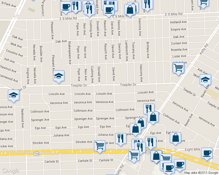 map of restaurants, bars, coffee shops, grocery stores, and more near 17206 Toepfer Drive in Eastpointe