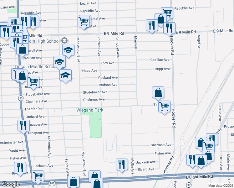map of restaurants, bars, coffee shops, grocery stores, and more near 11123 Studebaker Avenue in Warren