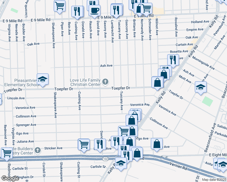 map of restaurants, bars, coffee shops, grocery stores, and more near 17394 Toepfer Drive in Eastpointe