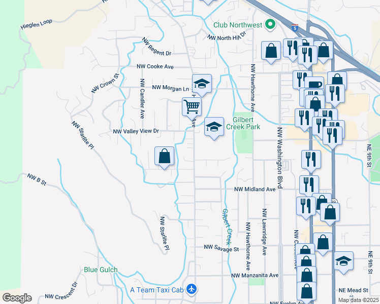map of restaurants, bars, coffee shops, grocery stores, and more near 1680 Northwest Highland Avenue in Grants Pass