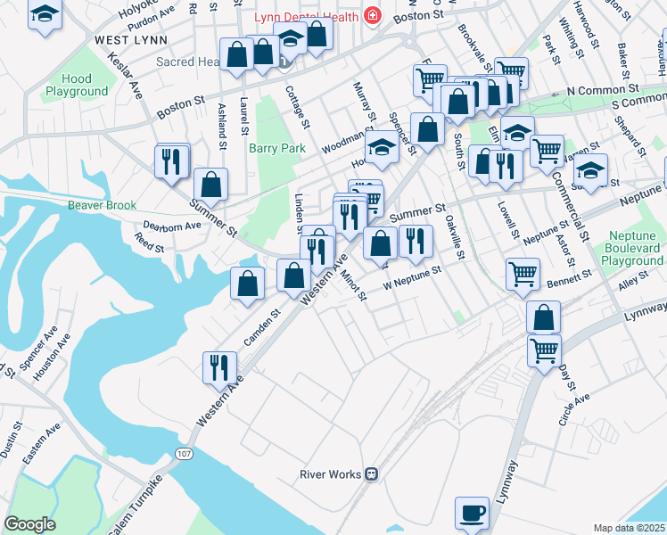 map of restaurants, bars, coffee shops, grocery stores, and more near 870 Western Avenue in Lynn