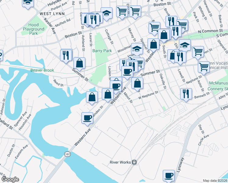 map of restaurants, bars, coffee shops, grocery stores, and more near 12-16 Burns Street in Lynn