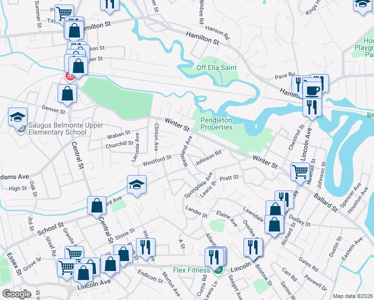 map of restaurants, bars, coffee shops, grocery stores, and more near 5 Montgomery Street in Saugus