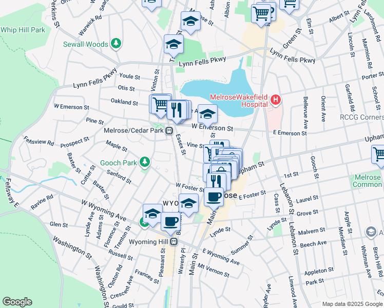 map of restaurants, bars, coffee shops, grocery stores, and more near 147 Essex Street in Melrose