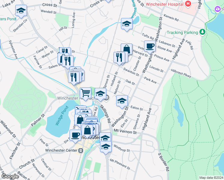 map of restaurants, bars, coffee shops, grocery stores, and more near 62 Nelson Street in Winchester