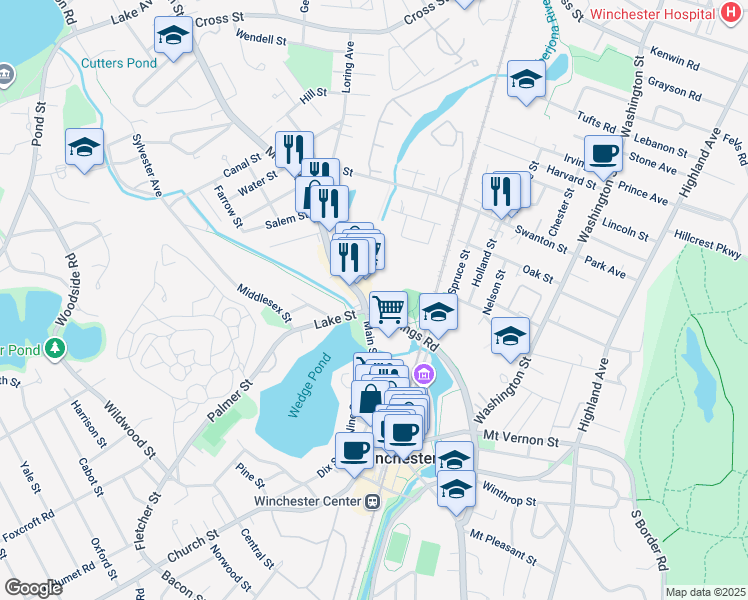 map of restaurants, bars, coffee shops, grocery stores, and more near 10 Skillings Road in Winchester