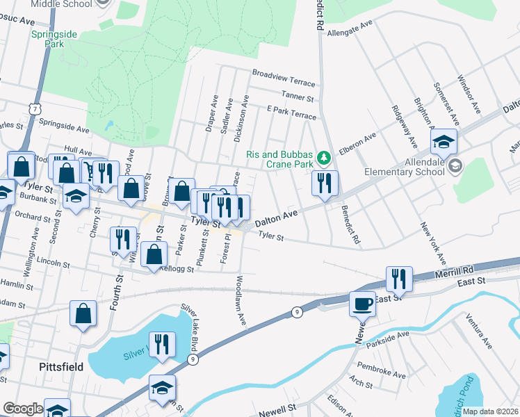 map of restaurants, bars, coffee shops, grocery stores, and more near 176 Woodlawn Avenue in Pittsfield