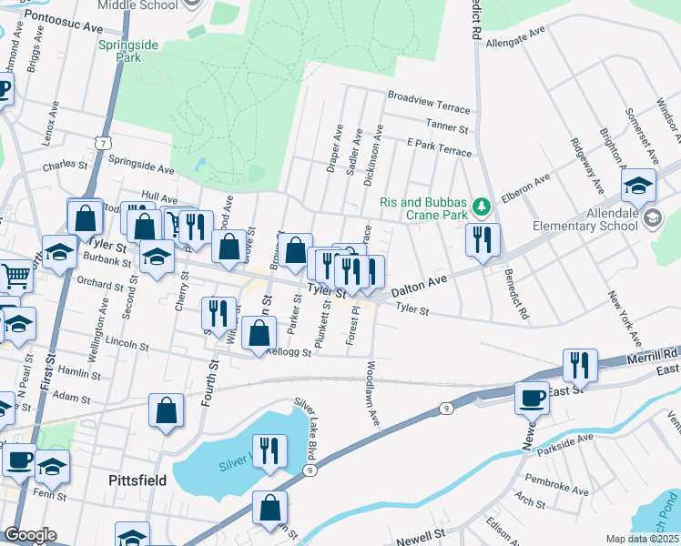 map of restaurants, bars, coffee shops, grocery stores, and more near 92 Plunkett Street in Pittsfield