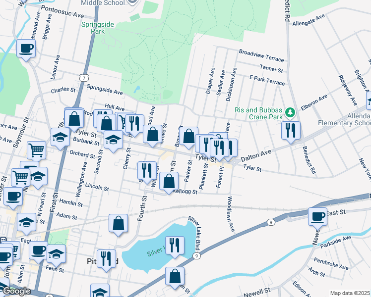 map of restaurants, bars, coffee shops, grocery stores, and more near 81 Parker Street in Pittsfield