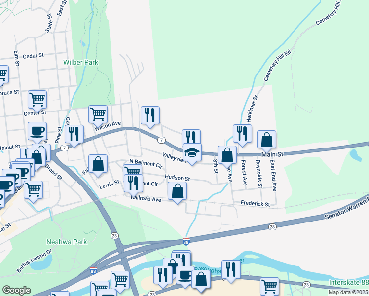 map of restaurants, bars, coffee shops, grocery stores, and more near 475 Main Street in Oneonta