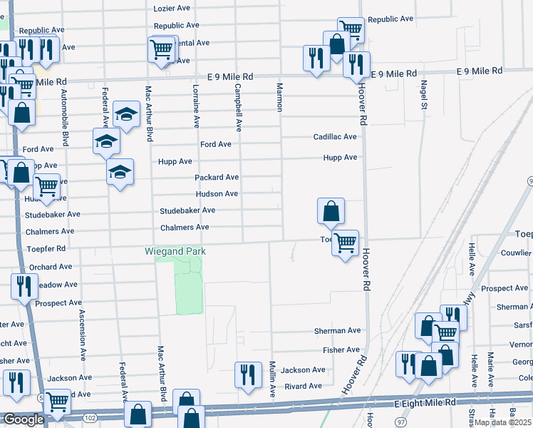 map of restaurants, bars, coffee shops, grocery stores, and more near 11268 Studebaker Avenue in Warren