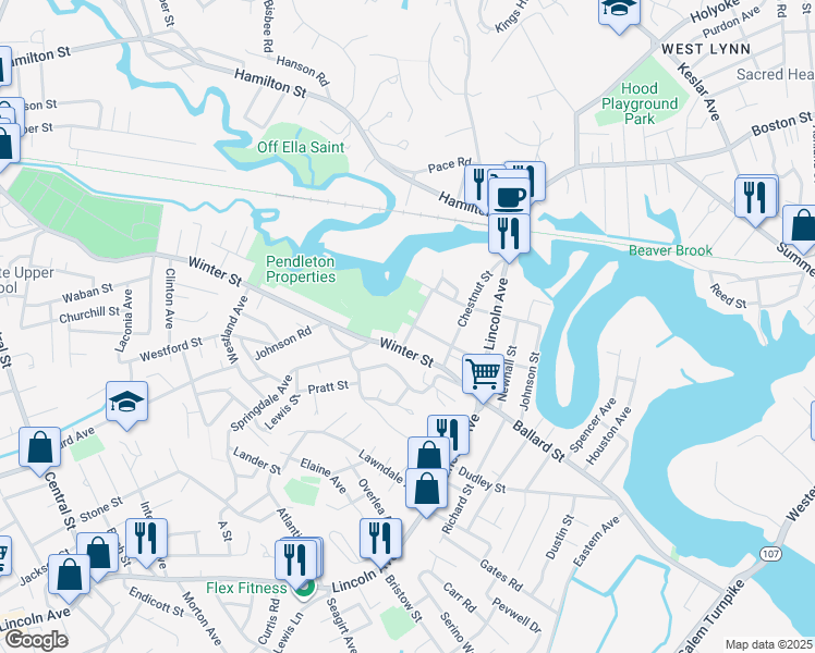 map of restaurants, bars, coffee shops, grocery stores, and more near 12 Stocker Street in Saugus