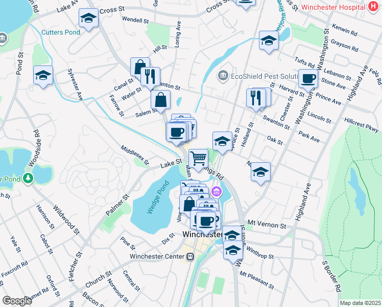 map of restaurants, bars, coffee shops, grocery stores, and more near 10 Skillings Road in Winchester