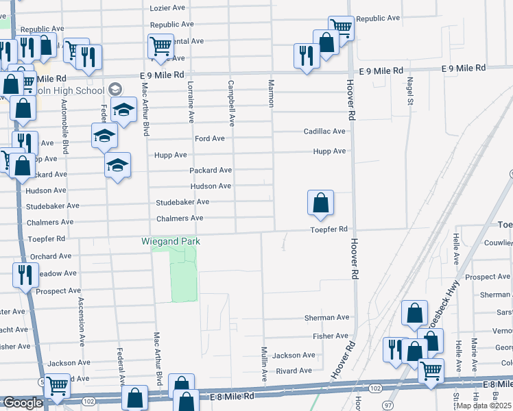 map of restaurants, bars, coffee shops, grocery stores, and more near 11268 Studebaker Avenue in Warren