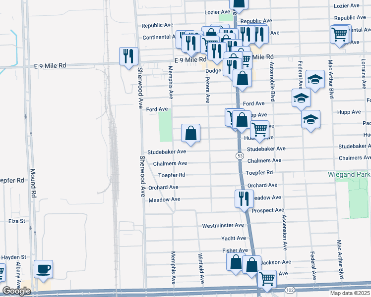 map of restaurants, bars, coffee shops, grocery stores, and more near 7043 Studebaker Avenue in Warren