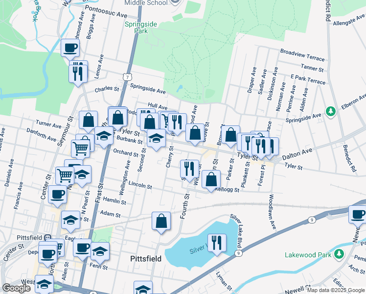 map of restaurants, bars, coffee shops, grocery stores, and more near 376-382 Tyler Street in Pittsfield