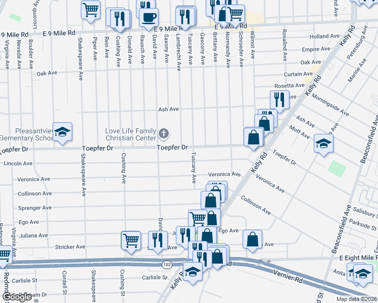map of restaurants, bars, coffee shops, grocery stores, and more near 17520 Toepfer Drive in Eastpointe